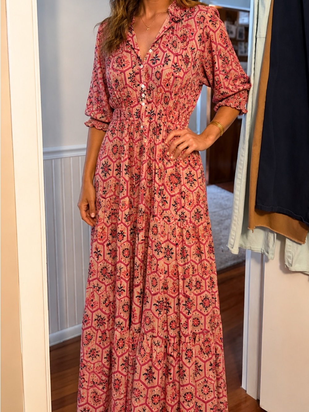 THML Pink Printed Button-Front Maxi Dress